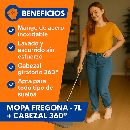 ¡Oferta: Mopa Fregona con Cubo Escurridor 7L – Fácil Limpieza, Cabezal Giratorio 360°