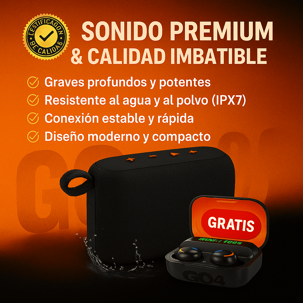 POTENCIA Y SONIDO IMBATIBLES! ¡El ALTAVOZ PORTÁTIL GO4™ + Auriculares PRO de Regalo