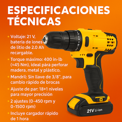 Taladro Inalámbrico 21V con 93 Piezas + Alicate, Cinta Métrica y Más de Regalo (LIQUIDACIÓN POR CIERRE)