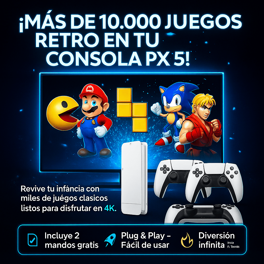 Consola Inalámbrica PX5 Retro Edition 4K Full HD – ¡Incluye 2 Controles Gratis! (LIQUIDACÍON POR CIERRE)