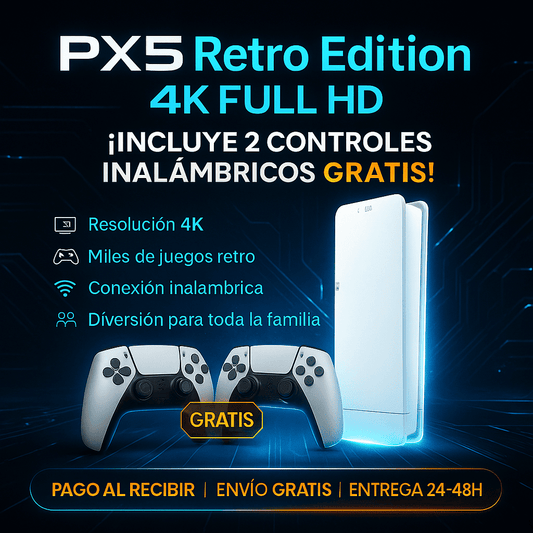 Consola Inalámbrica PX5 Retro Edition 4K Full HD – ¡Incluye 2 Controles Gratis! (LIQUIDACÍON POR CIERRE)